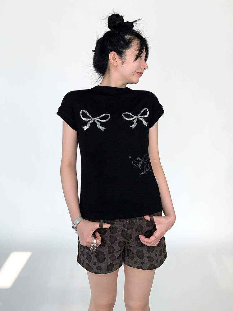 Bling Sequin Embroidered Bow Print High Neck Slim Fit Top for Girls - Summer Fashion Tee, Perfect for Y2K and 90s Style Bling Sequin Embroidered Bow Print High Neck Slim Fit Top for Girls - Summer Fashion Tee, Perfect for Y2K and 90s Style