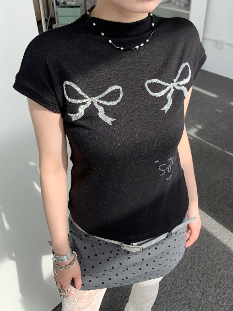 Bling Sequin Embroidered Bow Print High Neck Slim Fit Top for Girls - Summer Fashion Tee, Perfect for Y2K and 90s Style Bling Sequin Embroidered Bow Print High Neck Slim Fit Top for Girls - Summer Fashion Tee, Perfect for Y2K and 90s Style