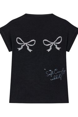 Bling Sequin Embroidered Bow Print High Neck Slim Fit Top for Girls - Summer Fashion Tee, Perfect for Y2K and 90s Style