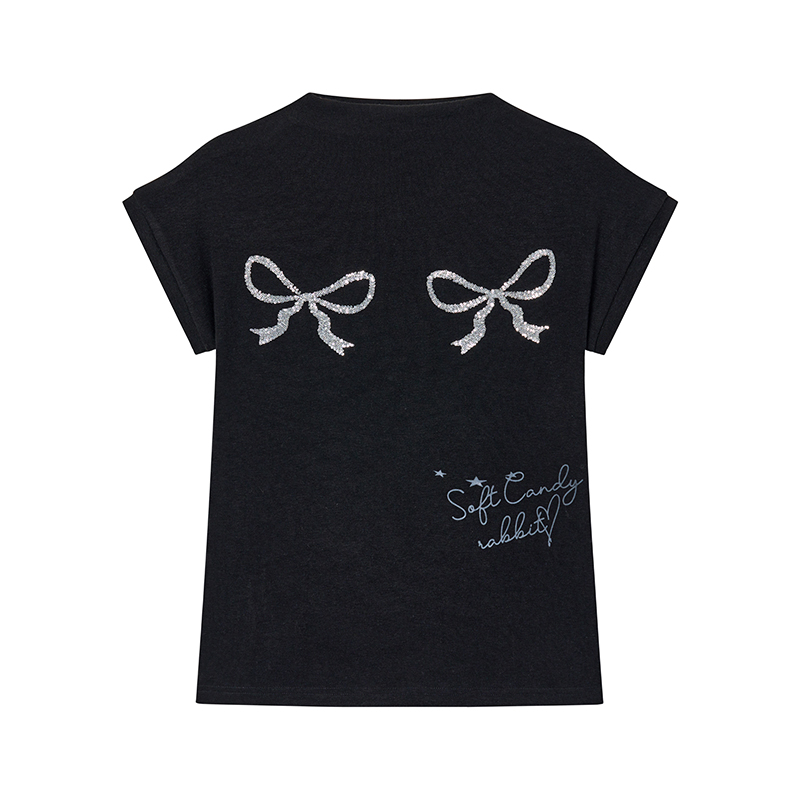 Bling Sequin Embroidered Bow Print High Neck Slim Fit Top for Girls - Summer Fashion Tee, Perfect for Y2K and 90s Style Bling Sequin Embroidered Bow Print High Neck Slim Fit Top for Girls - Summer Fashion Tee, Perfect for Y2K and 90s Style