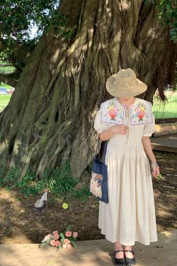 Blooming Cherry Blossom Road French Tassel Cotton Linen Dress - Summer Loose A-line Puff Sleeve Long Dress for Women