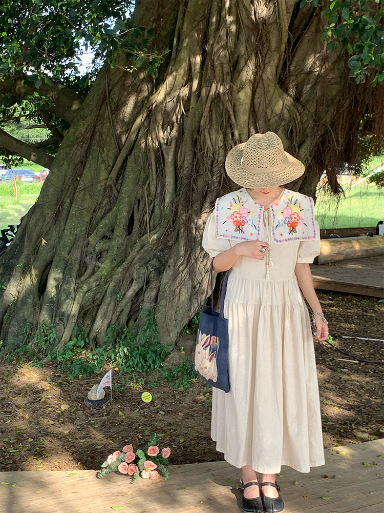 Blooming Cherry Blossom Road French Tassel Cotton Linen Dress - Summer Loose A-line Puff Sleeve Long Dress for Women Blooming Cherry Blossom Road French Tassel Cotton Linen Dress - Summer Loose A-line Puff Sleeve Long Dress for Women