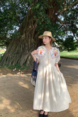 Blooming Cherry Blossom Road French Tassel Cotton Linen Dress - Summer Loose A-line Puff Sleeve Long Dress for Women