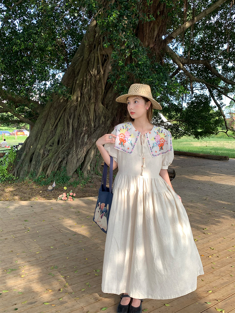 Blooming Cherry Blossom Road French Tassel Cotton Linen Dress - Summer Loose A-line Puff Sleeve Long Dress for Women Blooming Cherry Blossom Road French Tassel Cotton Linen Dress - Summer Loose A-line Puff Sleeve Long Dress for Women