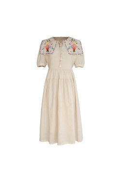 Blooming Cherry Blossom Road French Tassel Cotton Linen Dress - Summer Loose A-line Puff Sleeve Long Dress for Women