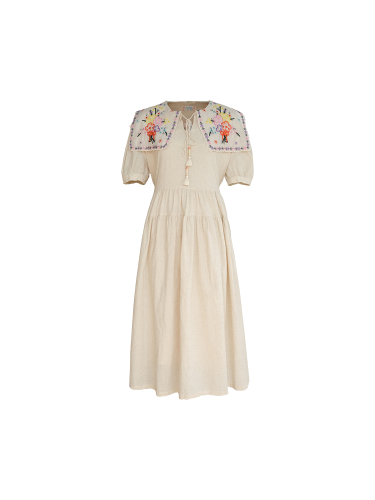 Blooming Cherry Blossom Road French Tassel Cotton Linen Dress - Summer Loose A-line Puff Sleeve Long Dress for Women Blooming Cherry Blossom Road French Tassel Cotton Linen Dress - Summer Loose A-line Puff Sleeve Long Dress for Women