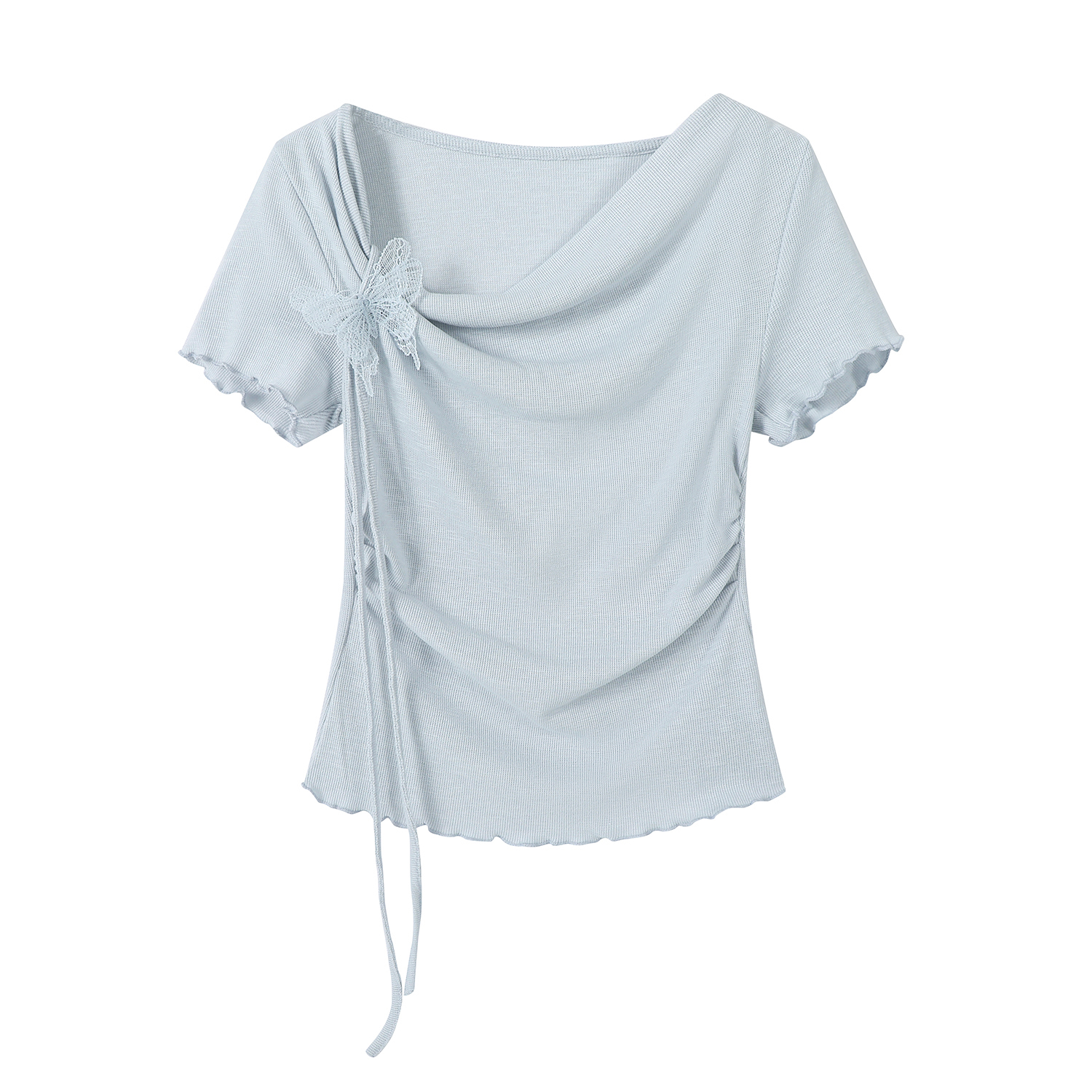 Blue 3D Bow Ruffled Collar Short-Sleeve T-Shirt for Women – Summer Lace Edge Knitted Top, Cute 90s Inspired Fashion Blue 3D Bow Ruffled Collar Short-Sleeve T-Shirt for Women – Summer Lace Edge Knitted Top, Cute 90s Inspired Fashion