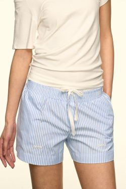 Blue and White Color-Block Striped Casual Shorts for Women - 2025 Summer Loose Wide-Leg Design, Trendy Niche Style