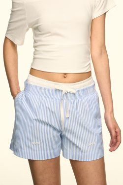 Blue and White Color-Block Striped Casual Shorts for Women - 2025 Summer Loose Wide-Leg Design, Trendy Niche Style