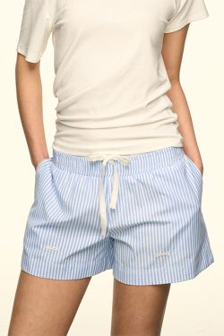 Blue and White Color-Block Striped Casual Shorts for Women - 2025 Summer Loose Wide-Leg Design, Trendy Niche Style