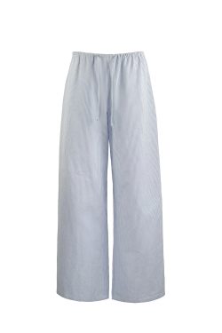 Blue and White Striped Wide-Leg Casual Drawstring Long Pants for Effortless Y2K Style