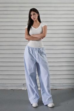 Blue and White Striped Wide-Leg Casual Drawstring Long Pants for Effortless Y2K Style