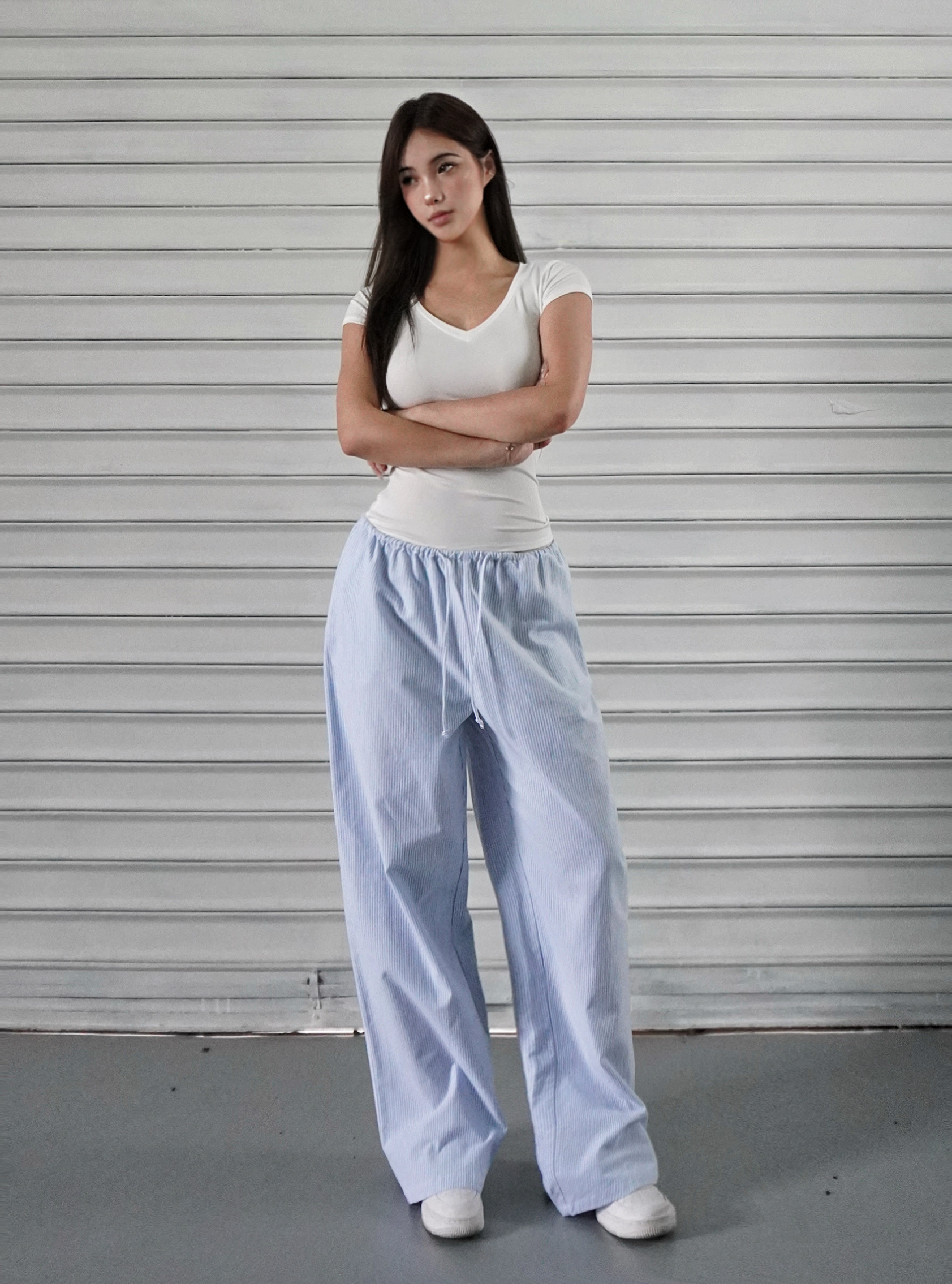 Blue and White Striped Wide-Leg Casual Drawstring Long Pants for Effortless Y2K Style Blue and White Striped Wide-Leg Casual Drawstring Long Pants for Effortless Y2K Style