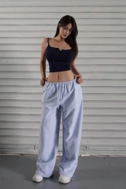 Blue and White Striped Wide-Leg Casual Drawstring Long Pants for Effortless Y2K Style