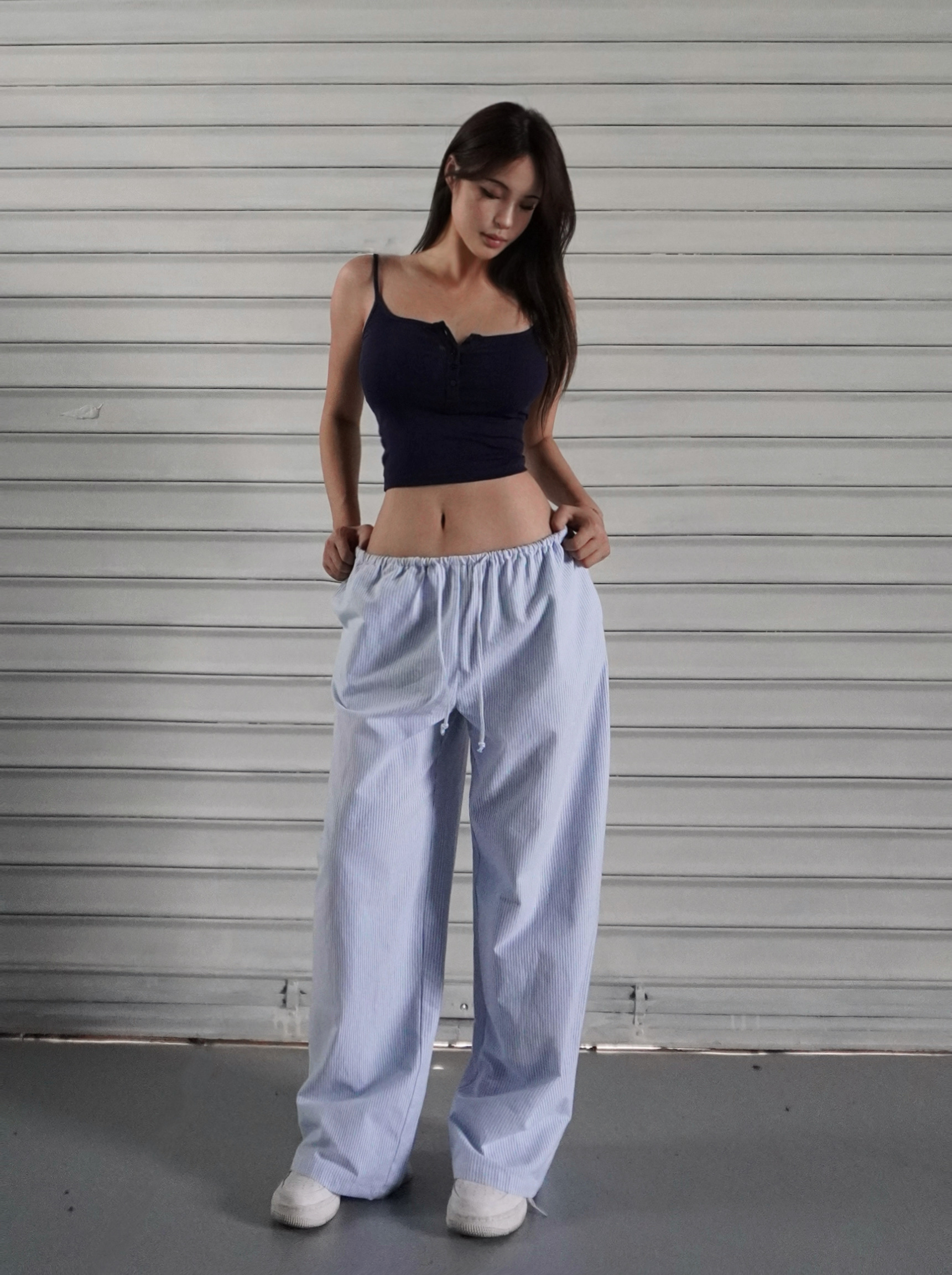 Blue and White Striped Wide-Leg Casual Drawstring Long Pants for Effortless Y2K Style Blue and White Striped Wide-Leg Casual Drawstring Long Pants for Effortless Y2K Style