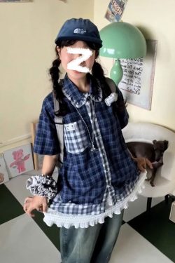 Blue Checkered Short Sleeve Shirt for Women - Summer Color-Blocking Loose Casual Top, Trendy Korean Style