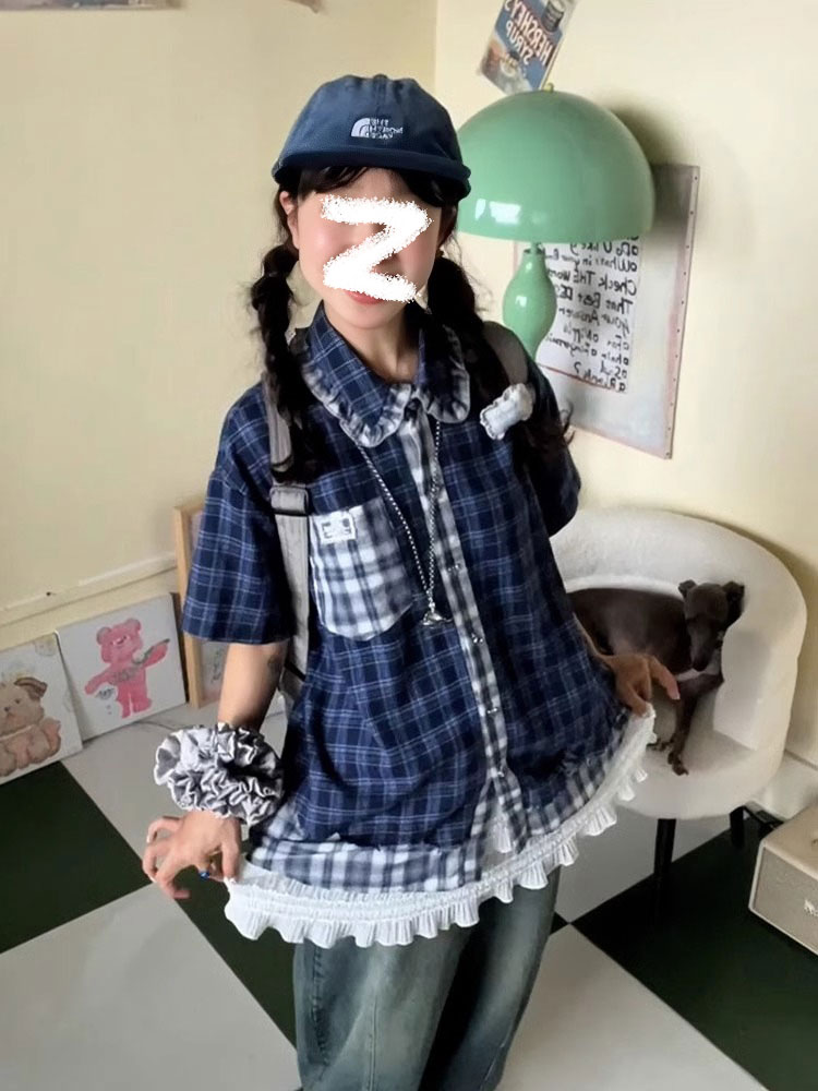 Blue Checkered Short Sleeve Shirt for Women - Summer Color-Blocking Loose Casual Top, Trendy Korean Style Blue Checkered Short Sleeve Shirt for Women - Summer Color-Blocking Loose Casual Top, Trendy Korean Style