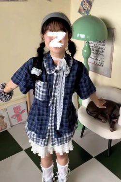 Blue Checkered Short Sleeve Shirt for Women - Summer Color-Blocking Loose Casual Top, Trendy Korean Style