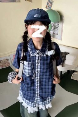 Blue Checkered Short Sleeve Shirt for Women - Summer Color-Blocking Loose Casual Top, Trendy Korean Style