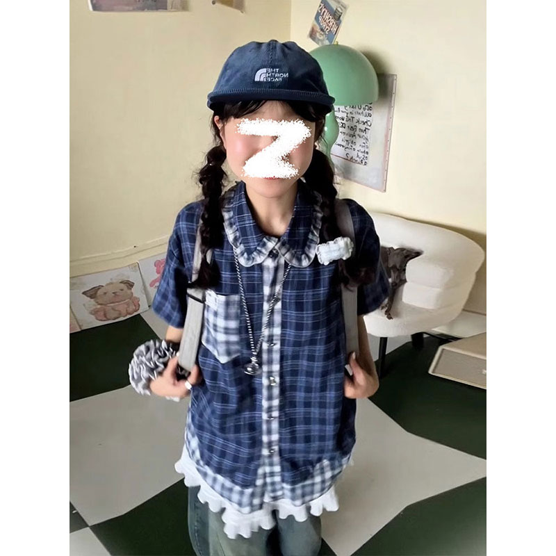 Blue Checkered Short Sleeve Shirt for Women - Summer Color-Blocking Loose Casual Top, Trendy Korean Style Blue Checkered Short Sleeve Shirt for Women - Summer Color-Blocking Loose Casual Top, Trendy Korean Style