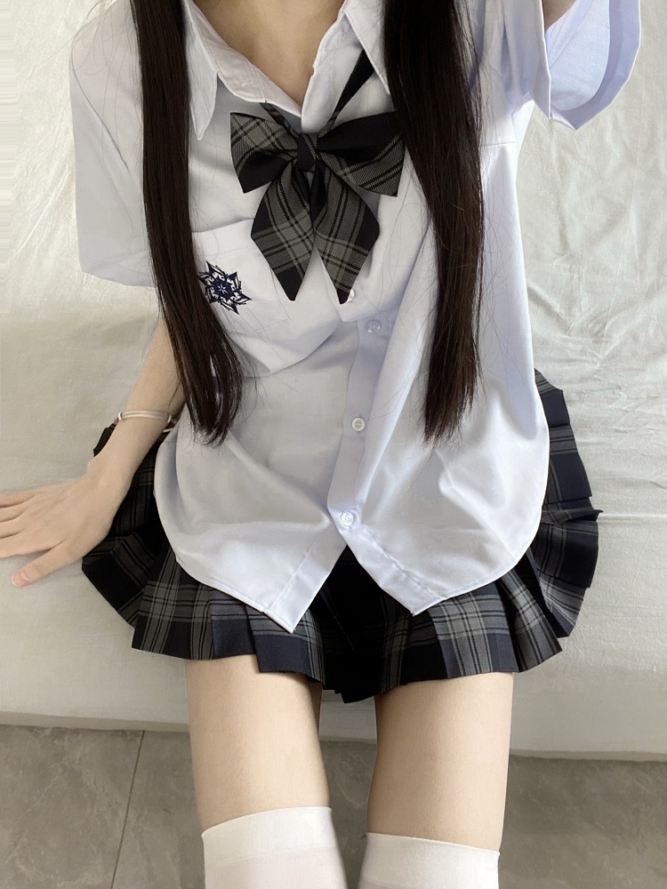 Blue Embroidered JK Uniform Short Sleeve Shirt for Women - Loose College Style Summer Top with Camellia Design Blue Embroidered JK Uniform Short Sleeve Shirt for Women - Loose College Style Summer Top with Camellia Design