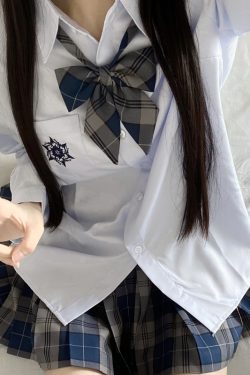 Blue Embroidered JK Uniform Short Sleeve Shirt for Women - Loose College Style Summer Top with Camellia Design