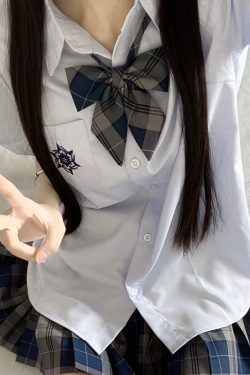 Blue Embroidered JK Uniform Short Sleeve Shirt for Women - Loose College Style Summer Top with Camellia Design