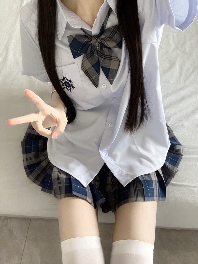 Blue Embroidered JK Uniform Short Sleeve Shirt for Women - Loose College Style Summer Top with Camellia Design Blue Embroidered JK Uniform Short Sleeve Shirt for Women - Loose College Style Summer Top with Camellia Design