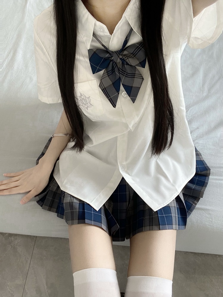 Blue Embroidered JK Uniform Short Sleeve Shirt for Women - Loose College Style Summer Top with Camellia Design Blue Embroidered JK Uniform Short Sleeve Shirt for Women - Loose College Style Summer Top with Camellia Design