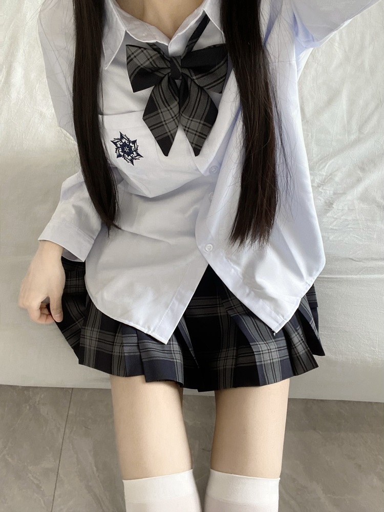 Blue Embroidered JK Uniform Short Sleeve Shirt for Women - Loose College Style Summer Top with Camellia Design Blue Embroidered JK Uniform Short Sleeve Shirt for Women - Loose College Style Summer Top with Camellia Design