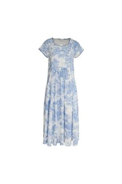 Blue Fan Star Garden French Retro Tencel Short Sleeve Dress for Women, Summer Loose Fit with Flying Sleeves, Vintage 90s Style