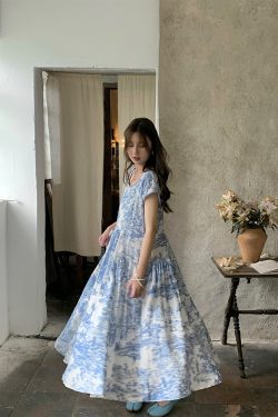 Blue Fan Star Garden French Retro Tencel Short Sleeve Dress for Women, Summer Loose Fit with Flying Sleeves, Vintage 90s Style