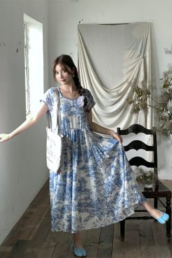 Blue Fan Star Garden French Retro Tencel Short Sleeve Dress for Women, Summer Loose Fit with Flying Sleeves, Vintage 90s Style