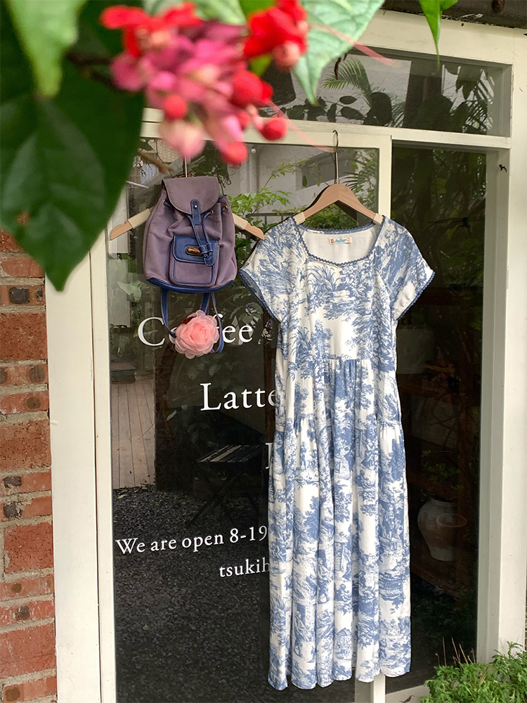 Blue Fan Star Garden French Retro Tencel Short Sleeve Dress for Women, Summer Loose Fit with Flying Sleeves, Vintage 90s Style Blue Fan Star Garden French Retro Tencel Short Sleeve Dress for Women, Summer Loose Fit with Flying Sleeves, Vintage 90s Style