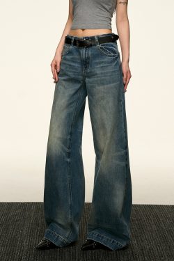 Blue Flared Denim Pants for Women - Summer High Street Straight-Leg Design, Loose Slimming Wide-Leg Style, Y2K Fashion Trend