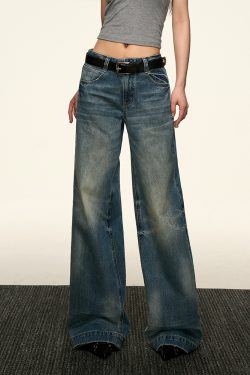 Blue Flared Denim Pants for Women - Summer High Street Straight-Leg Design, Loose Slimming Wide-Leg Style, Y2K Fashion Trend