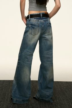 Blue Flared Denim Pants for Women - Summer High Street Straight-Leg Design, Loose Slimming Wide-Leg Style, Y2K Fashion Trend