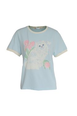 Blue Floral Printed Short Sleeve T-Shirt for Women - Vintage Loose Fit Retro Round Neck Top for Summer Fashion