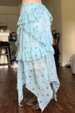 Blue Floral Ruffled Hem Midi Skirt for Women - Irregular Straight Draped Tulle in 90s Y2K Style