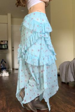 Blue Floral Ruffled Hem Midi Skirt for Women - Irregular Straight Draped Tulle in 90s Y2K Style