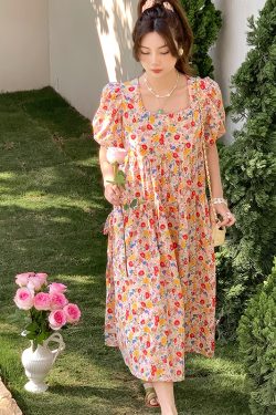 Blue Floral Square Neck Short Sleeve Dress for Women - Vintage Loose Puff Sleeve Long Dress - Late Spring 90s Inspired Summer Style