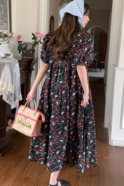 Blue Floral Square Neck Short Sleeve Dress for Women - Vintage Loose Puff Sleeve Long Dress - Late Spring 90s Inspired Summer Style