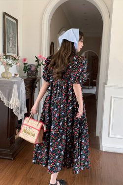 Blue Floral Square Neck Short Sleeve Dress for Women - Vintage Loose Puff Sleeve Long Dress - Late Spring 90s Inspired Summer Style