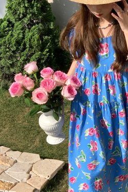 Blue Floral Square Neck Short Sleeve Dress for Women - Vintage Loose Puff Sleeve Long Dress - Late Spring 90s Inspired Summer Style