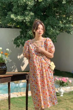 Blue Floral Square Neck Short Sleeve Dress for Women - Vintage Loose Puff Sleeve Long Dress - Late Spring 90s Inspired Summer Style