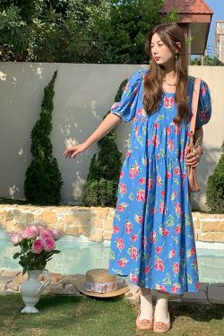 Blue Floral Square Neck Short Sleeve Dress for Women - Vintage Loose Puff Sleeve Long Dress - Late Spring 90s Inspired Summer Style