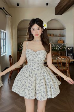 Blue Floral Waist-Defining Strapless A-Line Dress - Slimming Iris Flower Design for 90s and Y2K Inspired Style