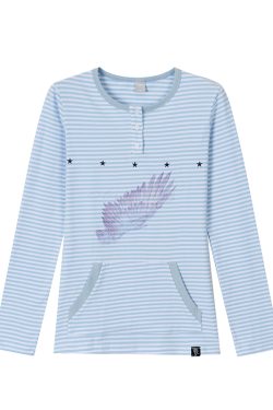 Blue-Grey Striped Long Sleeve T-Shirt with Small Wings Print - Slim Fit Round Neck Women's Tee for Spring 90s Y2K Style