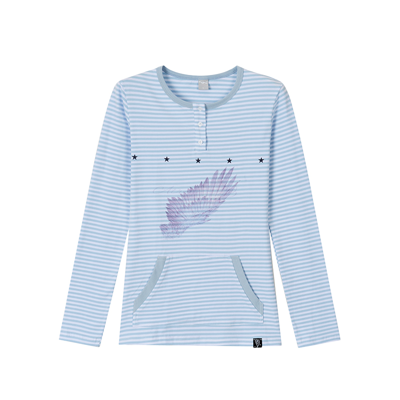 Blue-Grey Striped Long Sleeve T-Shirt with Small Wings Print - Slim Fit Round Neck Women's Tee for Spring 90s Y2K Style Blue-Grey Striped Long Sleeve T-Shirt with Small Wings Print - Slim Fit Round Neck Women's Tee for Spring 90s Y2K Style