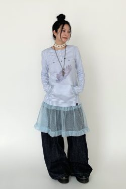 Blue-Grey Striped Long Sleeve T-Shirt with Small Wings Print - Slim Fit Round Neck Women's Tee for Spring 90s Y2K Style